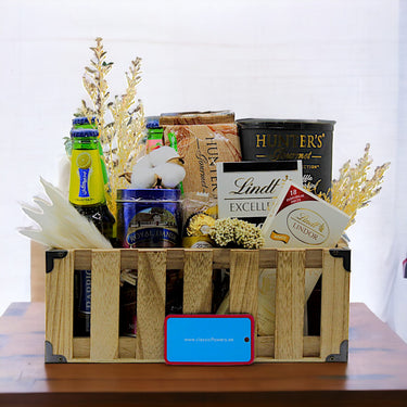 Gourmet Treats Crate, Barbican Drinks, Hunters Chips, Lindt Chocolates, Royal Dansk, Ferrero Rocher, Wooden Crate
